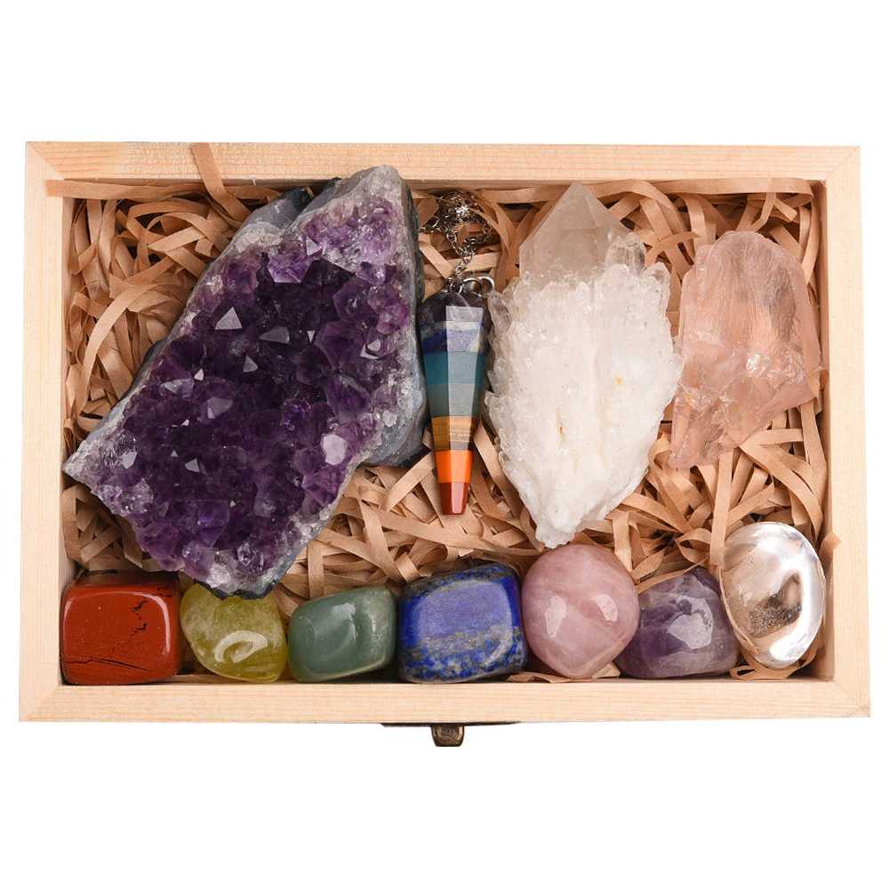 Natural Amethyst and Crystal Clusters Set with 7-Chakra Healing