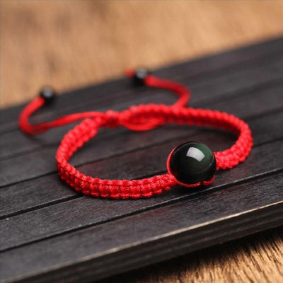Feng Shui Obsidian Stone Red String Bracelet - One Lucky Wish
